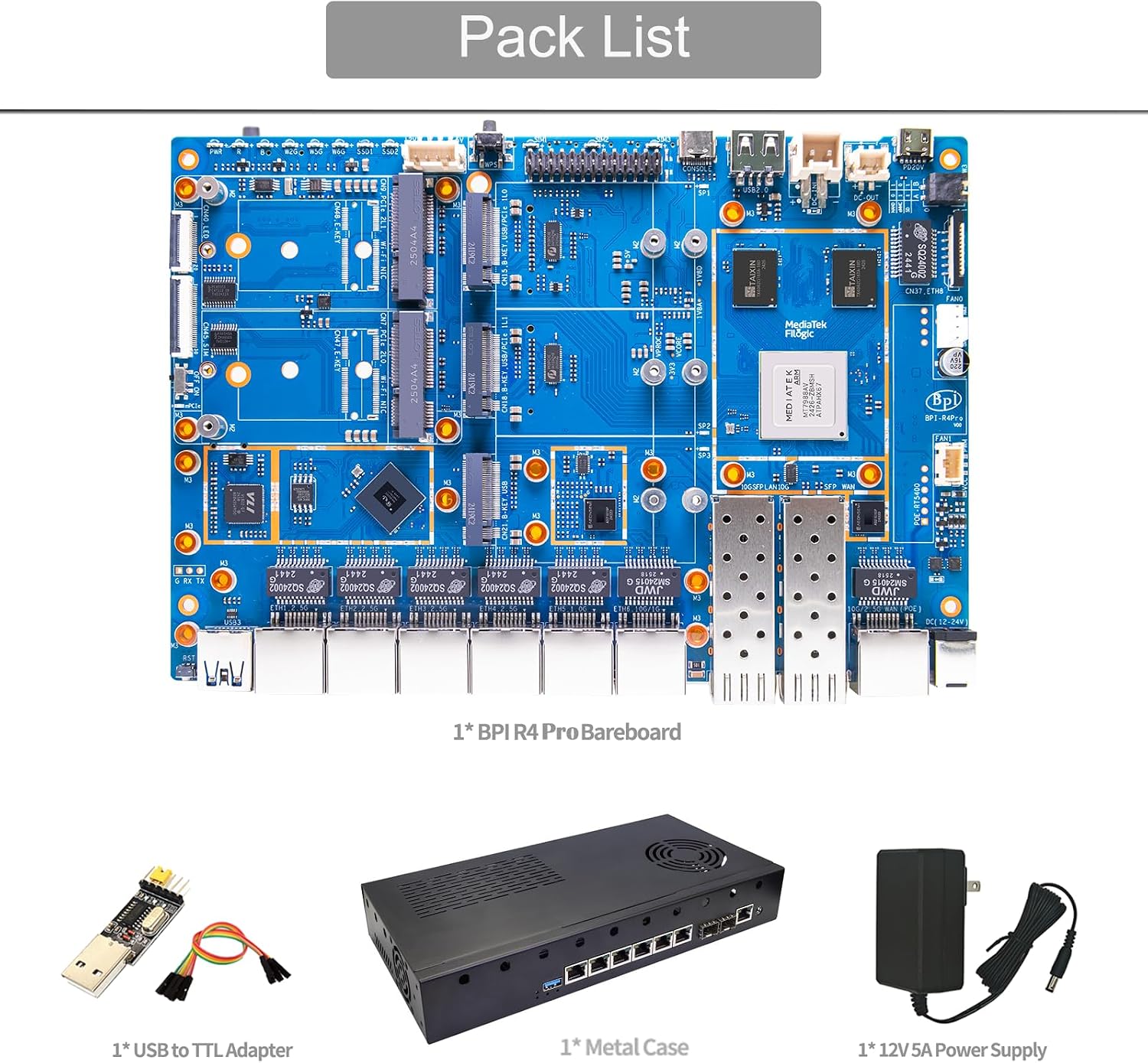 youyeetoo BPI-R4 Pro 8X/4E WiFi 7 Router Board, 8GB DDR4 MT7988A Cortex-A73 1.8GHz, 2x10G SFP+ 4x2.5GbE Ports, Support OpenWrt for Advanced Networking/NAS (Metal case kit,R4 Pro 4E)