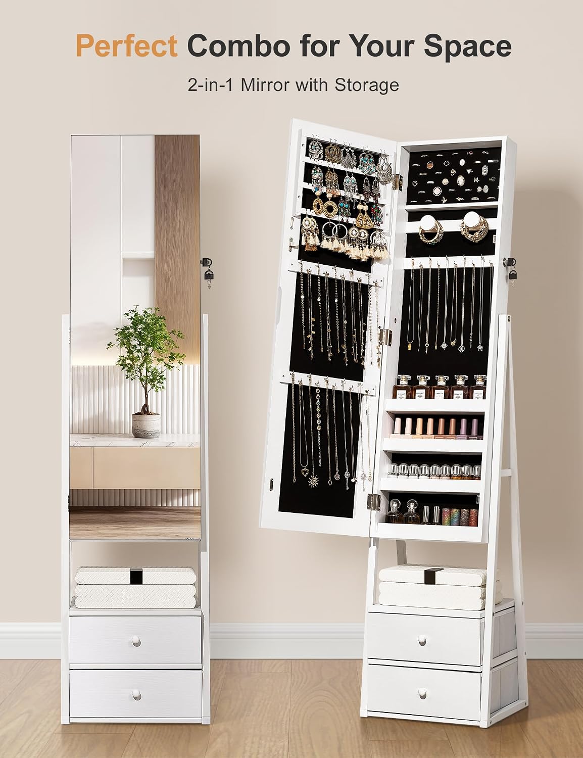 Nicetree Jewelry Cabinet Armoire with 2 Drawers, Lockable Standing Mirror Jewelry Cabinet, Full Length Mirror with Jewelry Storage, Gift Idea, Pure White