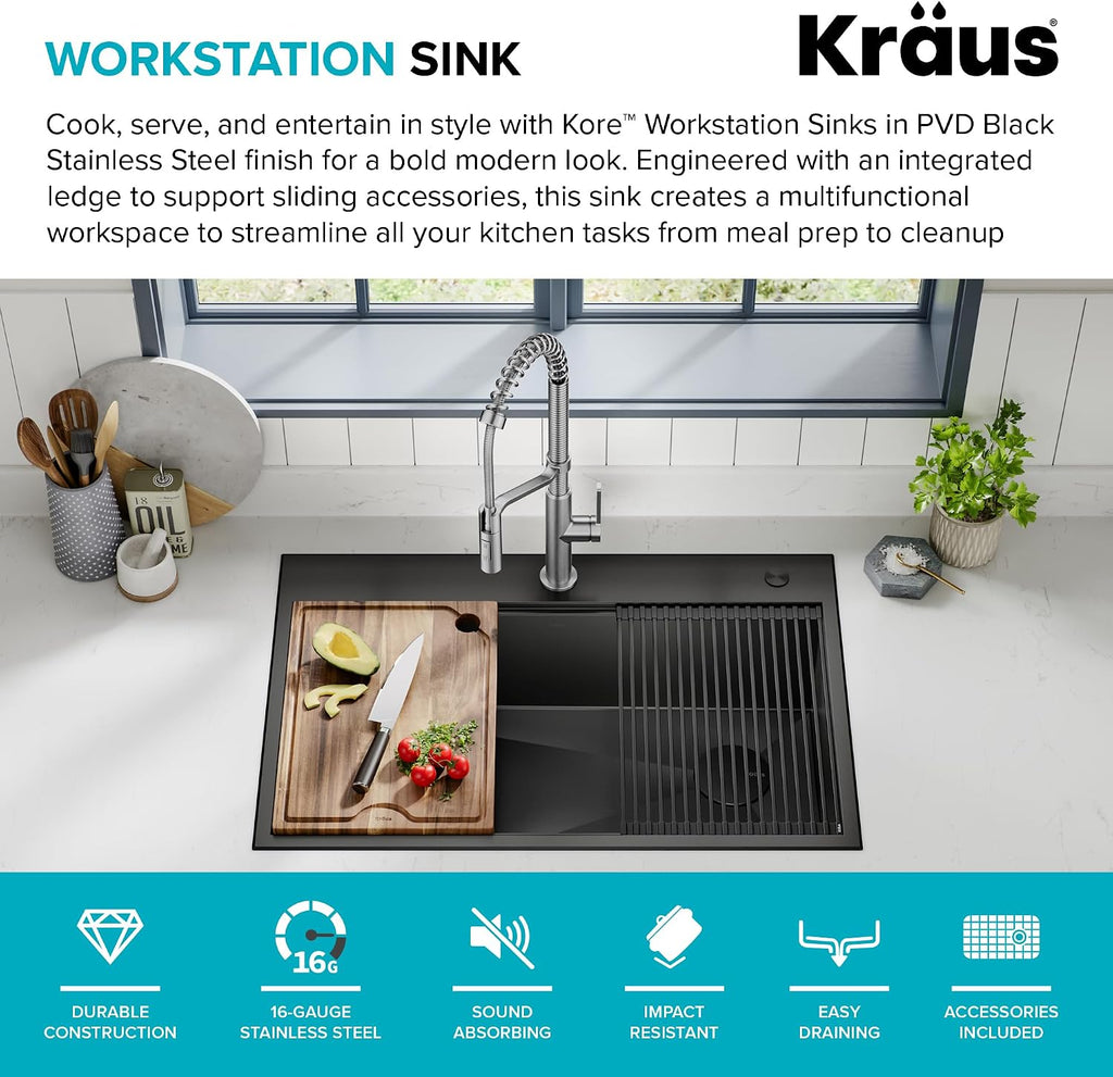 KRAUS Kore Workstation 33-inch Top Mount Drop-In 16 Gauge Black Stainless Steel Single Bowl Kitchen Sink in PVD Gunmetal Finish with Accessories, KWT310-33/PGM