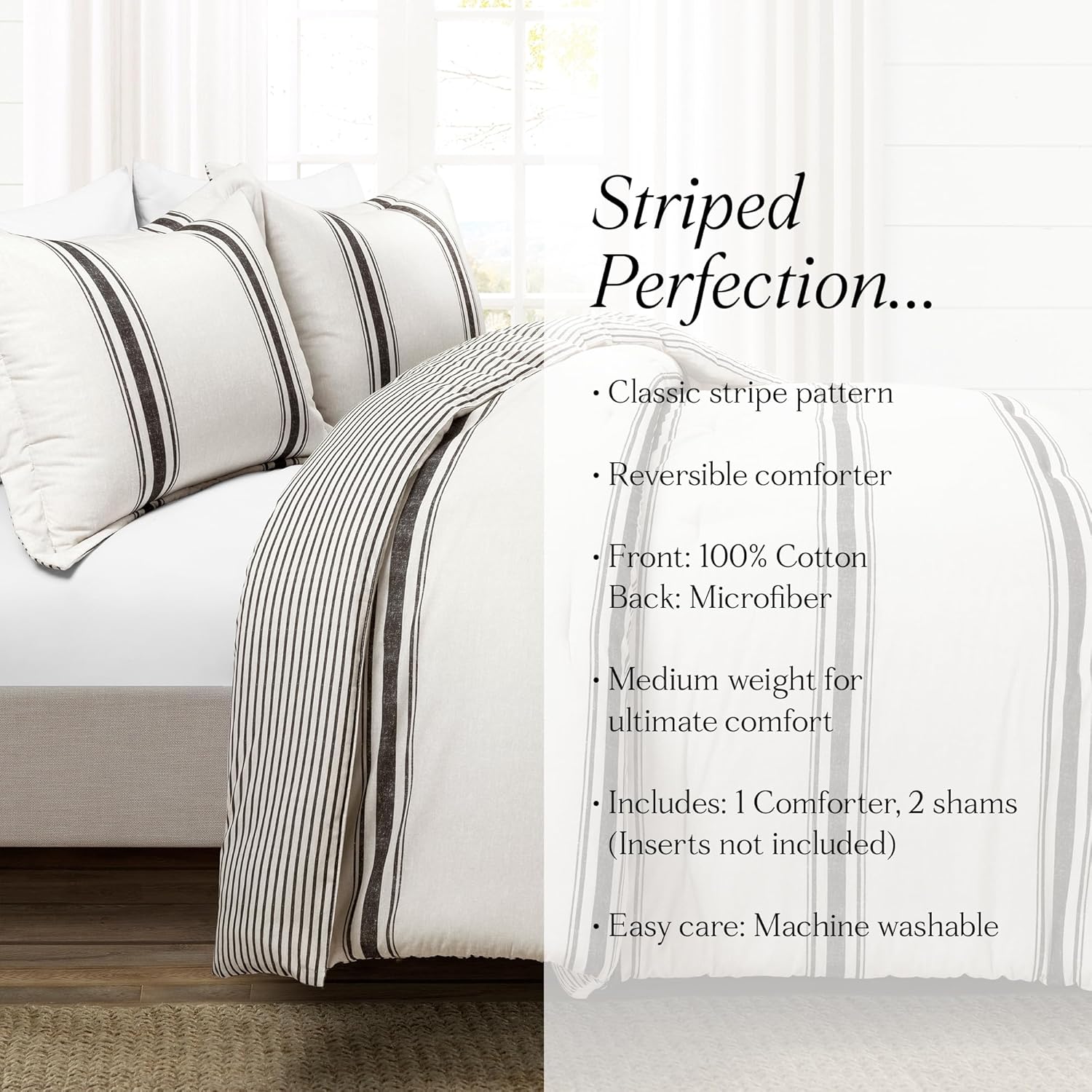 Lush Decor Farmhouse Stripe Reversible Cotton Comforter Set, 3 Piece Set, King, Black - Cozy Farmhouse Bedding Set - Rustic Decor - Striped Comforter - Modern Farmhouse Bedroom Decor