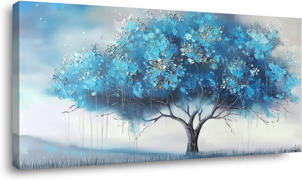 Piy Painting Blue Tree and White Petals Flowers Plants Wall Art Decor Artwork for Bedroom (30x60 Inches)