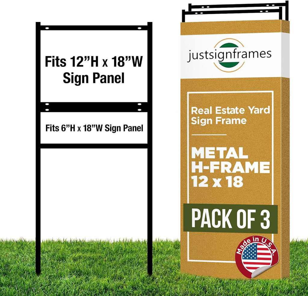 Real Estate Yard Sign Metal H Frame (3-pack) with Rider - Steel Sign Holder, 12' x 18' Yard Sign Stand, Open House Sign (1 Main, 1 Rider, Black)