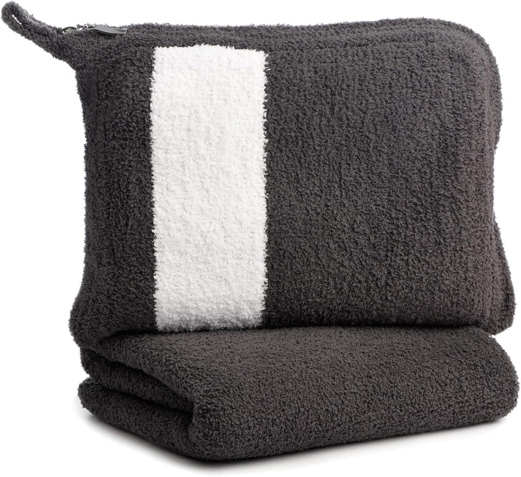 KASHWÉRE Stripe Travel Blanket in Zipper Pouch, Use as Mini Throw or Pillow (Slate/White)