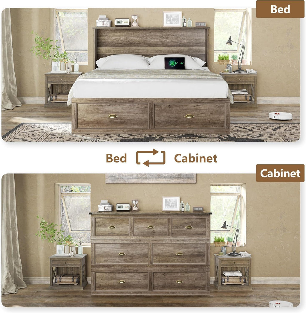 AMERLIFE Full Size Murphy Bed with Folding Mattress, Farmhouse Wooden Cabinet with Charging Station and Storage Drawer for Bedroom/Office/Guest Room, Grey Oak