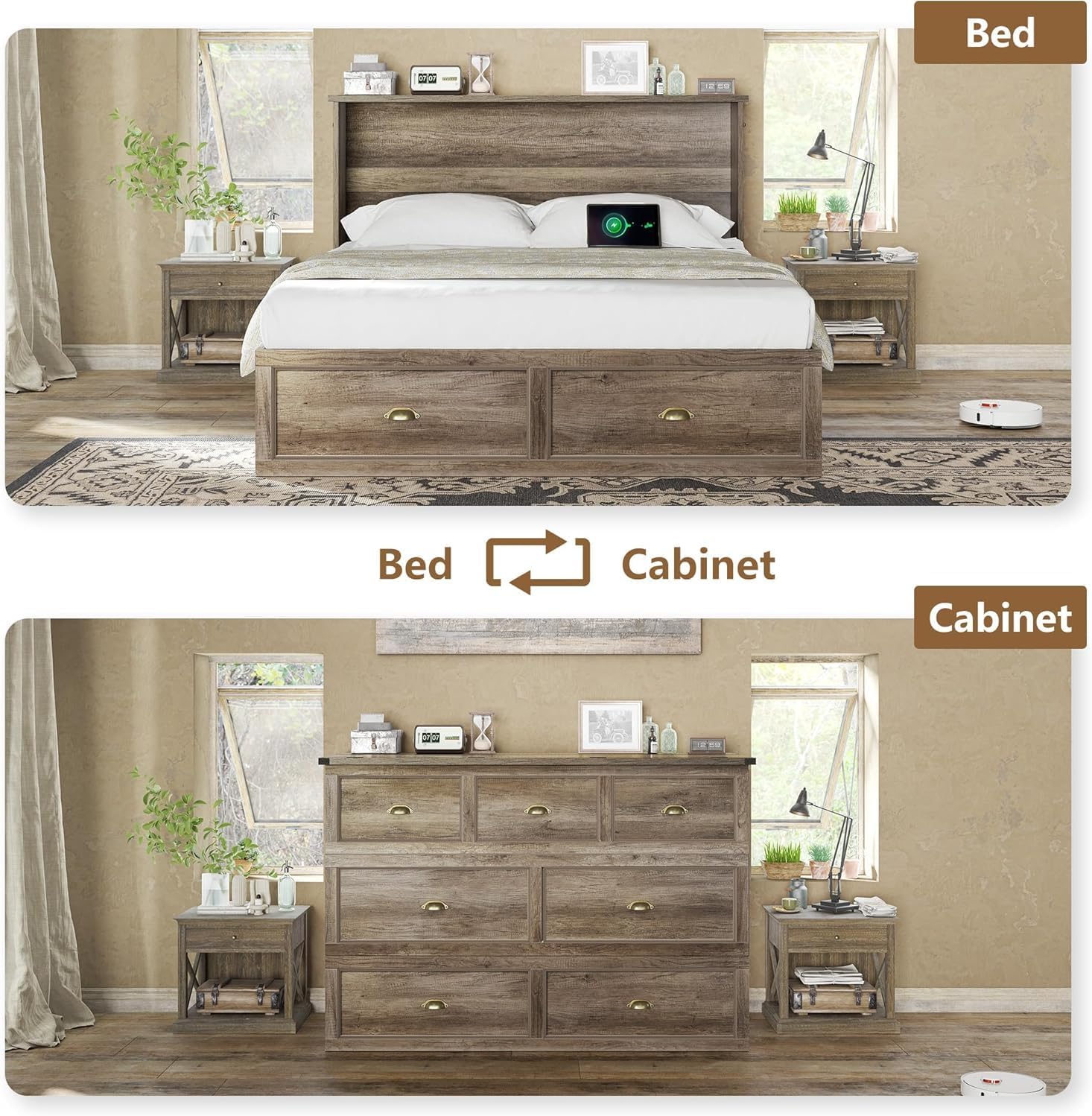 AMERLIFE Full Size Murphy Bed with Folding Mattress, Farmhouse Wooden Cabinet with Charging Station and Storage Drawer for Bedroom/Office/Guest Room, Grey Oak