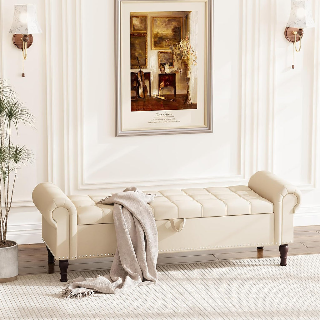 Apicizon 60' Bench with Storage, Faux Leather Ottoman Bench with Rolled Arm & Vintage Rivets, End of Bed Bench for Bedroom, Living Room, Entryway, Beige+Brown Legs