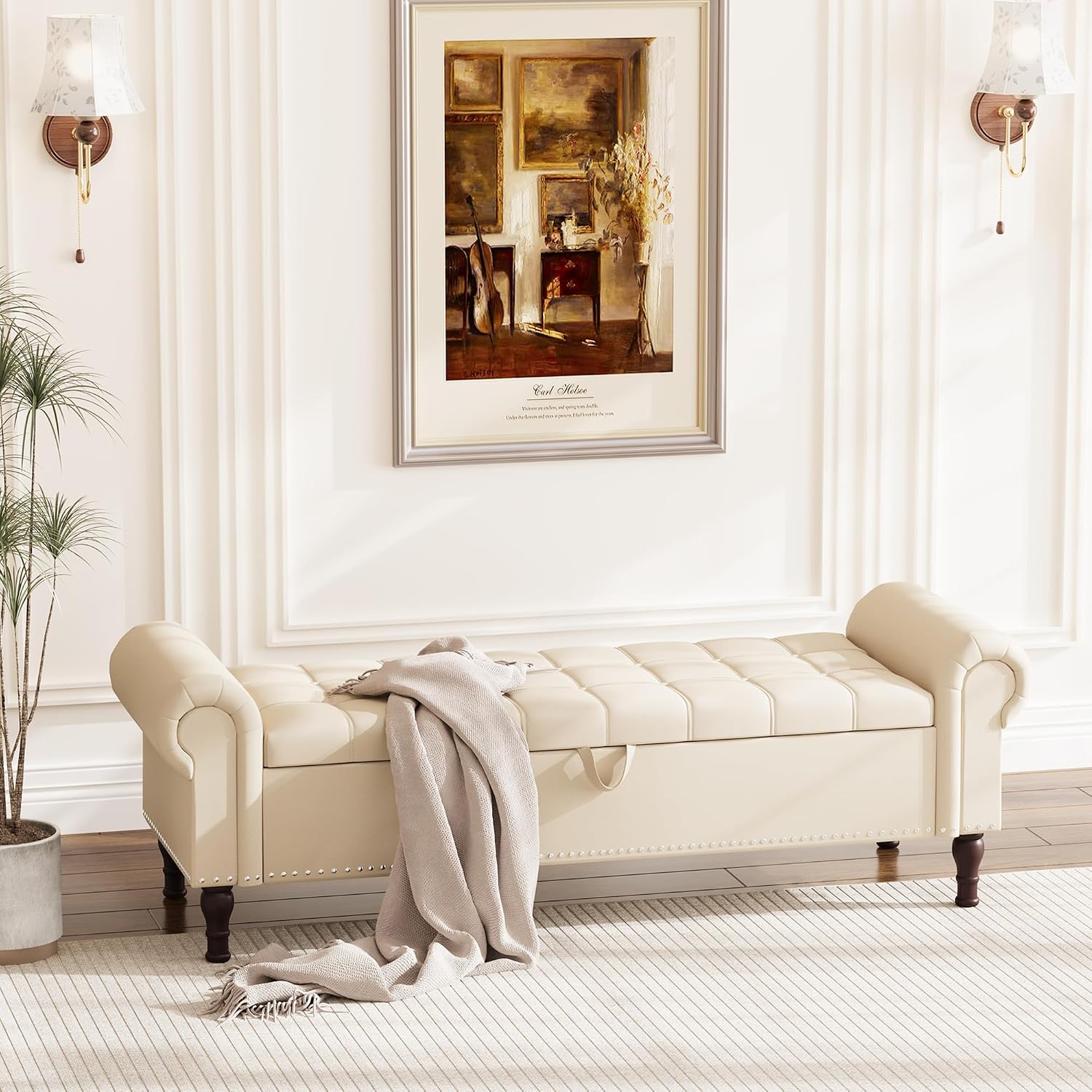 Apicizon 60' Bench with Storage, Faux Leather Ottoman Bench with Rolled Arm & Vintage Rivets, End of Bed Bench for Bedroom, Living Room, Entryway, Beige+Brown Legs