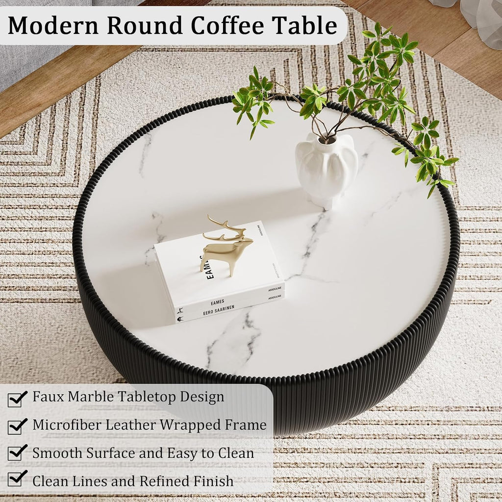 Round Coffee Table Set, 27.56' Black Drum Center Table and 19.69' Black Coffee Table Set, 2 Pieces Living Room Table Set with Sintered Stone Tabletop, Fluted PU Leather Covered and Metal Base