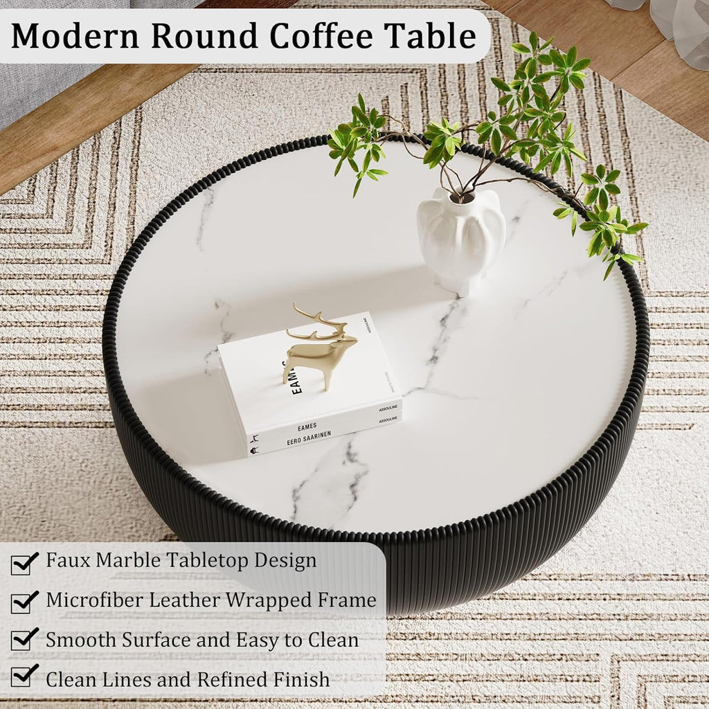 Round Coffee Table Set, 27.56' Black Drum Center Table and 19.69' White Coffee Table Set, 2 Pieces Living Room Table Set with Sintered Stone Tabletop, Fluted PU Leather Covered and Metal Base