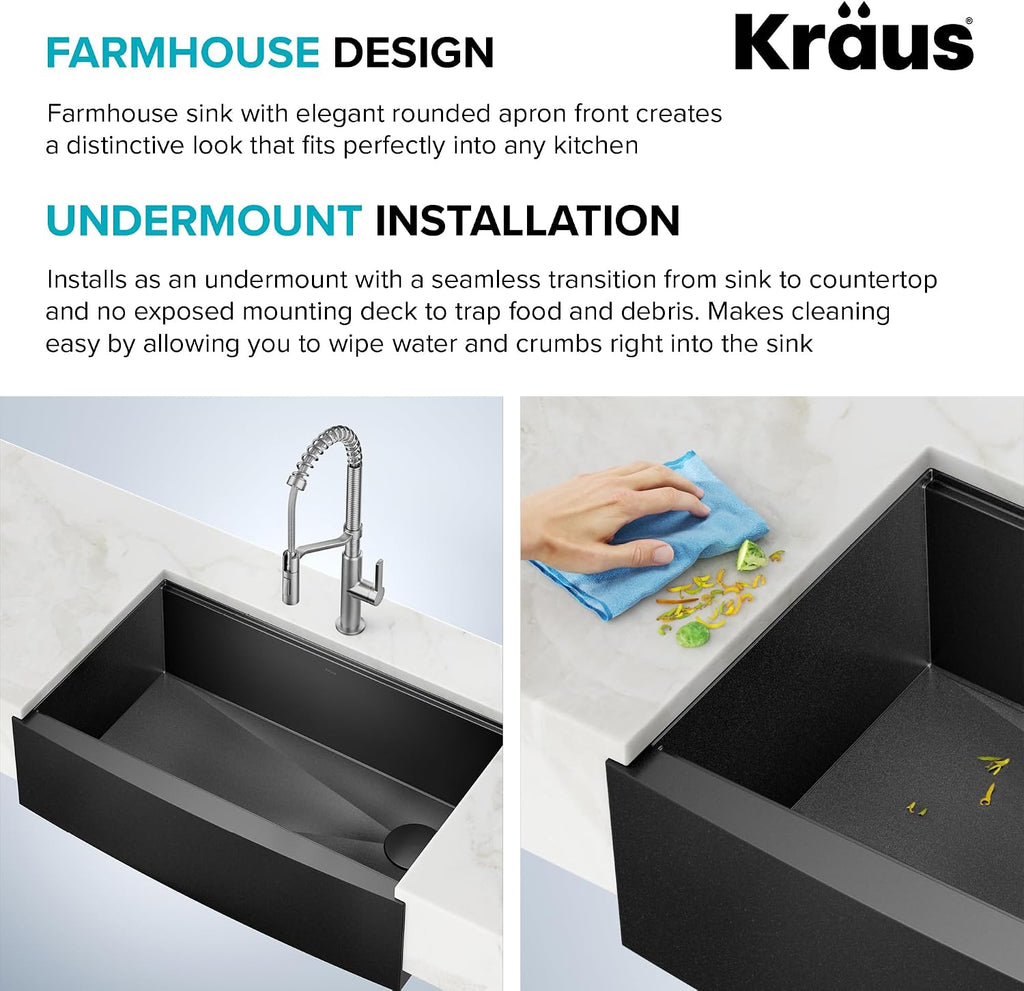 KRAUS Kore Workstation 33-inch Farmhouse Apron Front 16 Gauge Black Stainless Steel Single Bowl Kitchen Sink in PVD Gunmetal Finish with Accessories, KWF210-33/PGM