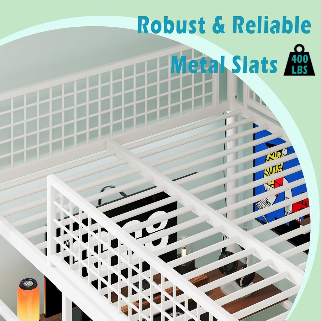 Full Size Metal Loft Bed with Stairs, Large Under-Bed Space, Built-in Charging Station, LED Lighting, for Bedroom, Dormitory, White