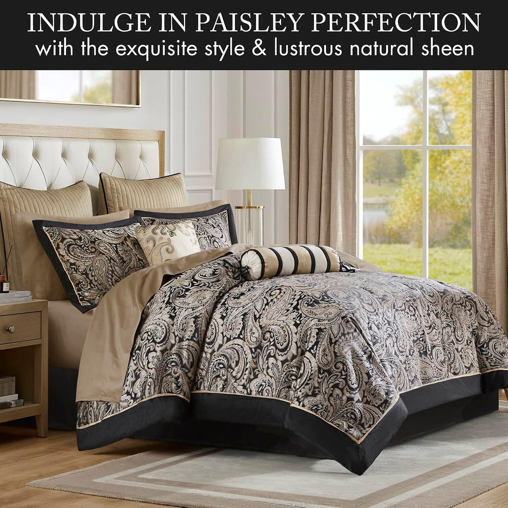 Madison Park Aubrey Cozy Comforter Set, Faux Silk Jacquard Paisley Design - All Season Down Alternative Bedding with Cotton Bed Sheets, Bed Skirt & Toss Pillows, Full Black 12 Piece