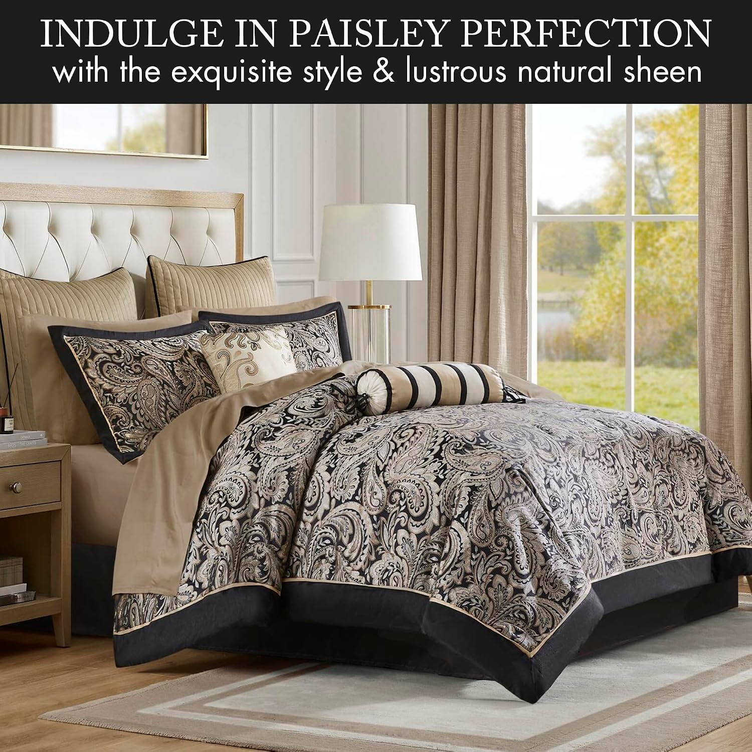 Madison Park Aubrey Cozy Comforter Set, Faux Silk Jacquard Paisley Design - All Season Down Alternative Bedding with Cotton Bed Sheets, Bed Skirt & Toss Pillows, Full Black 12 Piece