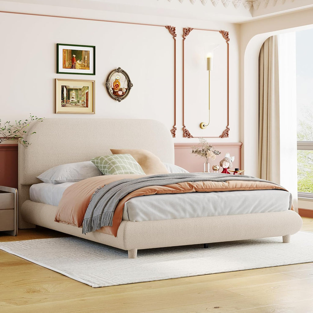 Curve-Shaped Upholstered Platform Bed with Curved Shaped Headboard, Full Size Wood Bed Frame for Kids Adults Bedroom Furniture, Teddy Fleece Thick Fabric Upholstered Bed Grounded Bed (Beige)