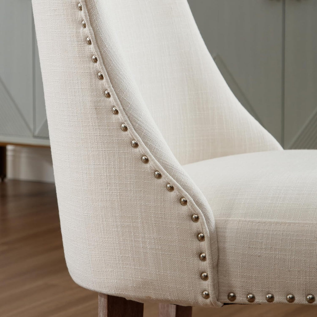 Mid Century Modern Dining Chairs Set of 2 Upholstered Linen Fabric Accent Chairs Wooden Side Chair for Living Room/Dining Room/Bedroom, Cream
