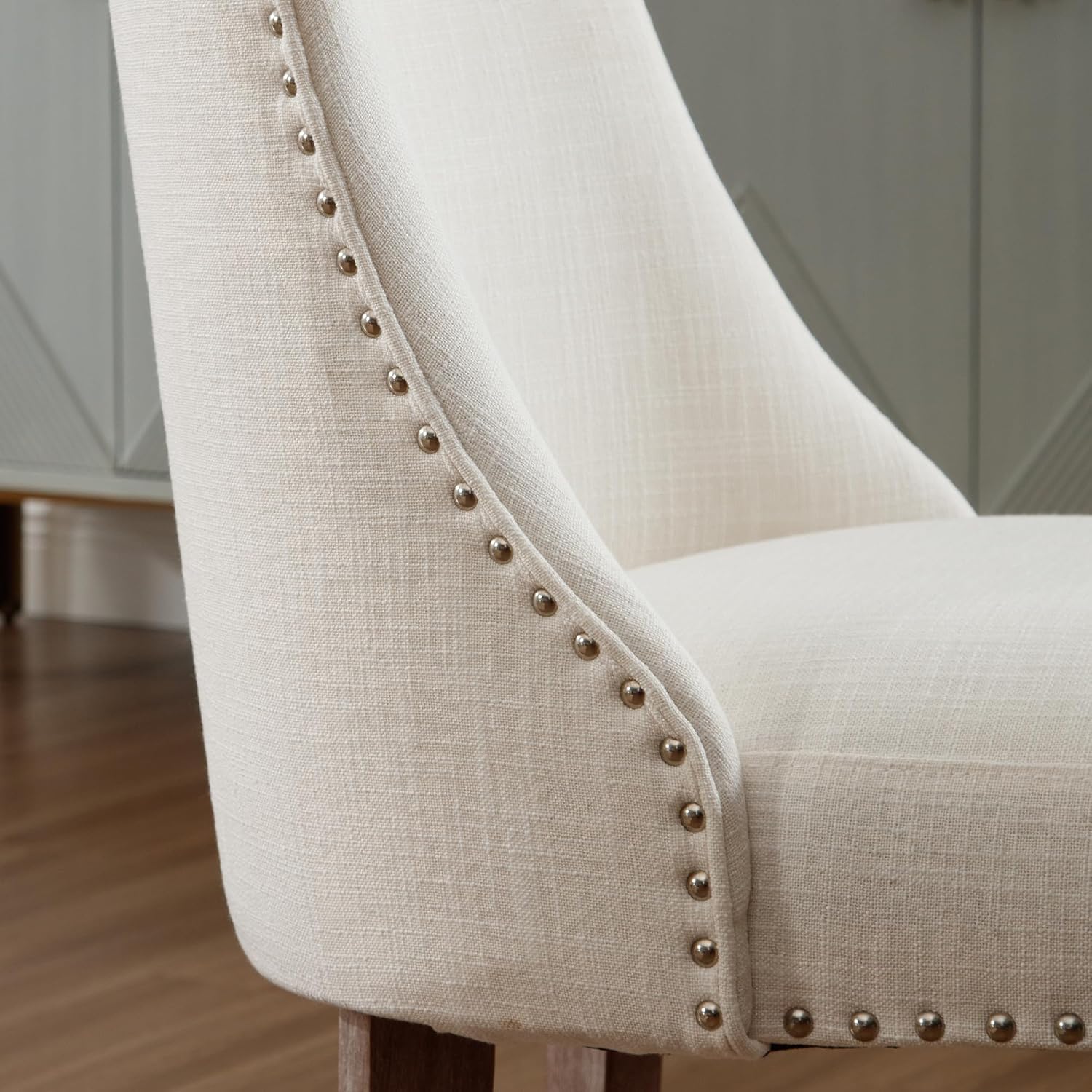 Mid Century Modern Dining Chairs Set of 2 Upholstered Linen Fabric Accent Chairs Wooden Side Chair for Living Room/Dining Room/Bedroom, Cream