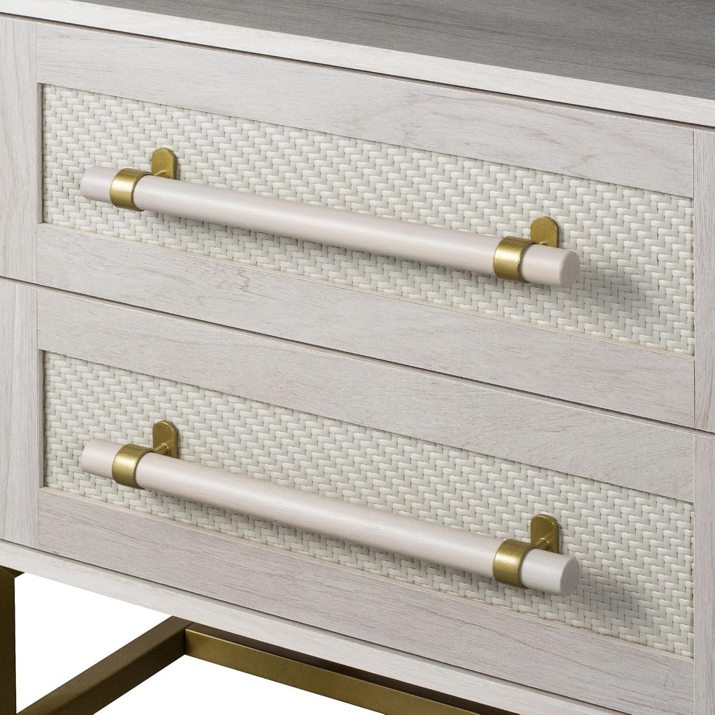 Sophia 2-Drawer Nightstand in Sand Finish with Rattan Fronts, Elegant Gold-Tone Bar Pulls, and Slim Metallic Legs- Ideal Bedroom Furniture for Boho, Transitional, and Modern Interiors