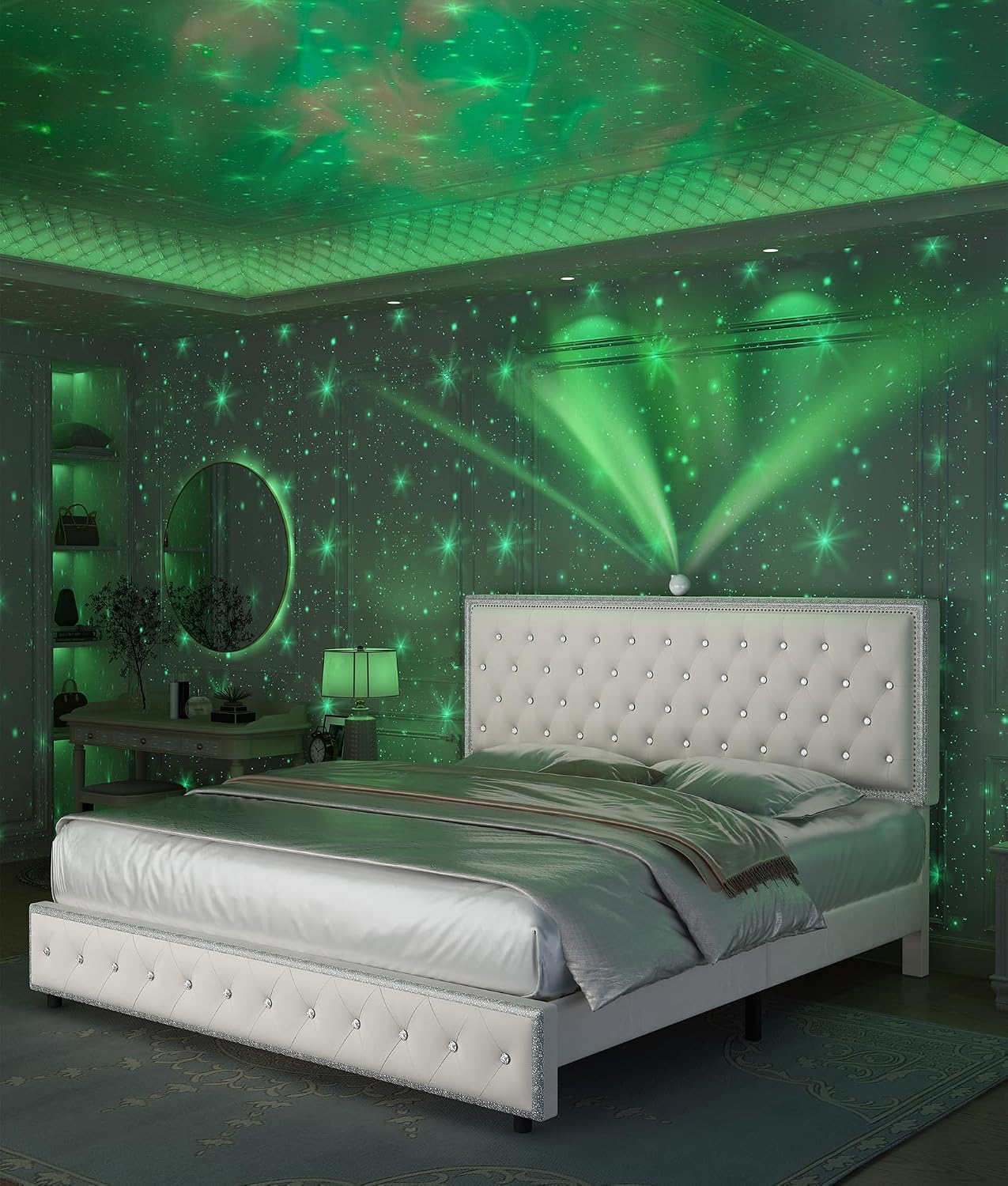 Full Upholstered Platform Bed Frame with LED Headboard, Built-in Star Projector & Adjustable Headboard, No Box Spring Needed, Easy Assembly, Solid Wood Slats,Modern Bedroom Furniture, Velvet Cream