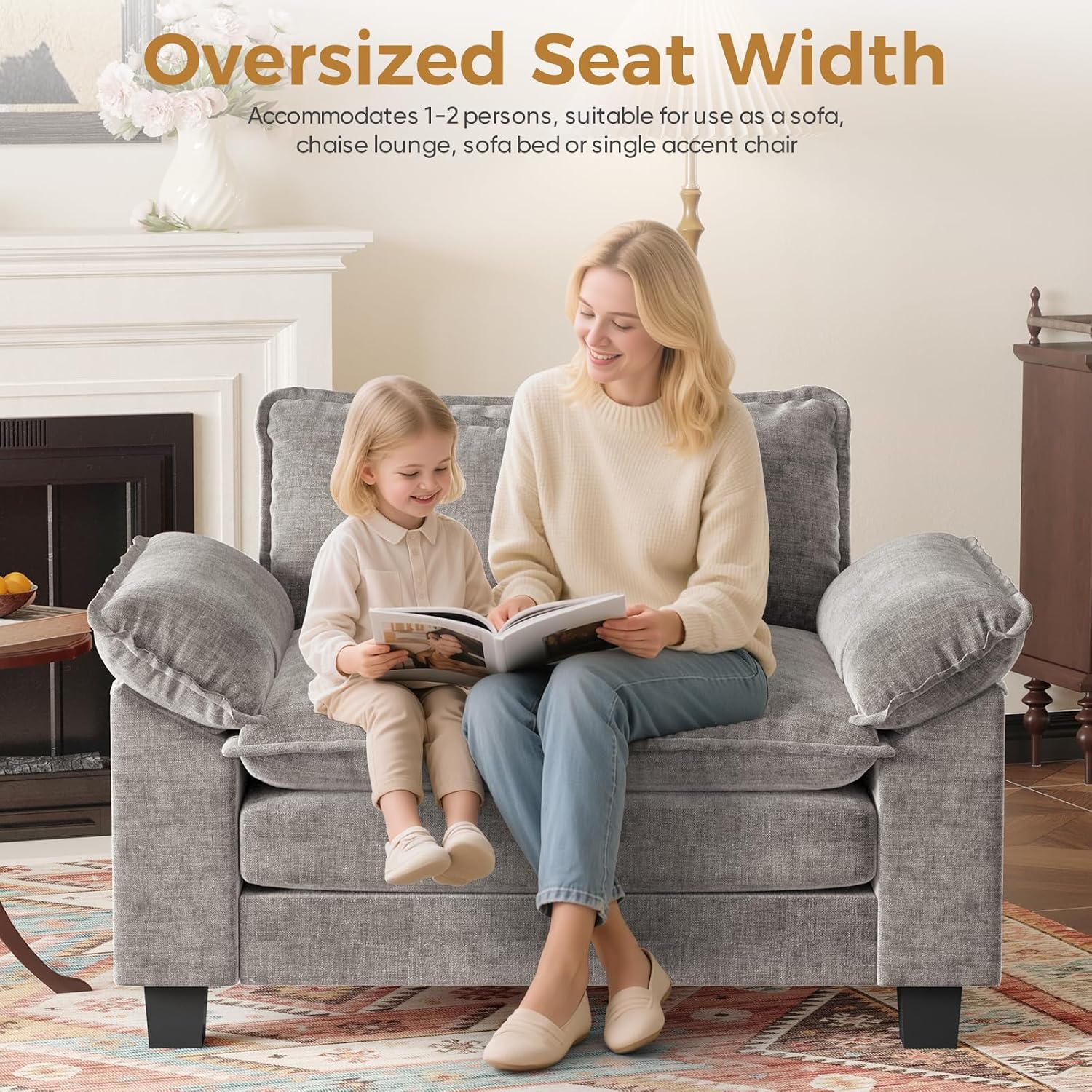 HUSFU Oversized Accent Chair, 49.5'' W Chenille Cloud Sofa Chair with Deep Seat and Extra Wide Armrests, Comfy Reading Armchair for Bedroom, Living Room, Gray