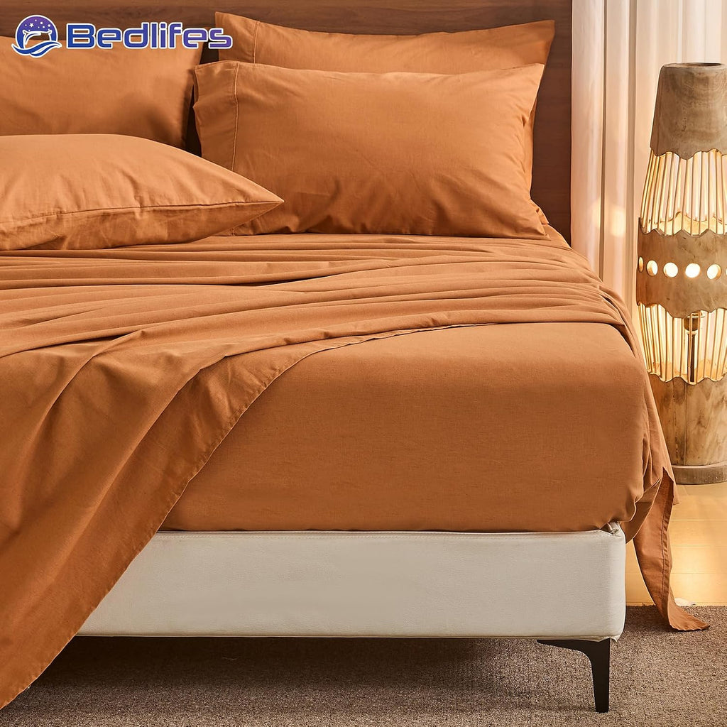 Bedlifes 100% French Pure Linen Sheets California King Size Breathable and Cooling Flax Sheet Set Soft Durable and Moisture Wicking 16 Inch Deep Pocket-4 Piece(Cal King,Brown)