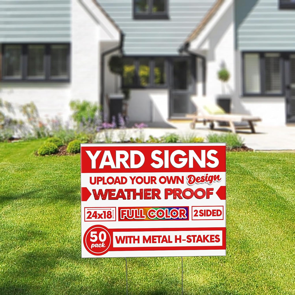50 pack 24x18' Double Sided Custom Yard Sign with Metal Stake Front and Back Custom Printed Personalized Lawn Sign for Business, Real Estate, or Yard Sale, Full Color Corrugated Plastic Signage for Outdoors, Home, Office, Business (50-Pack)
