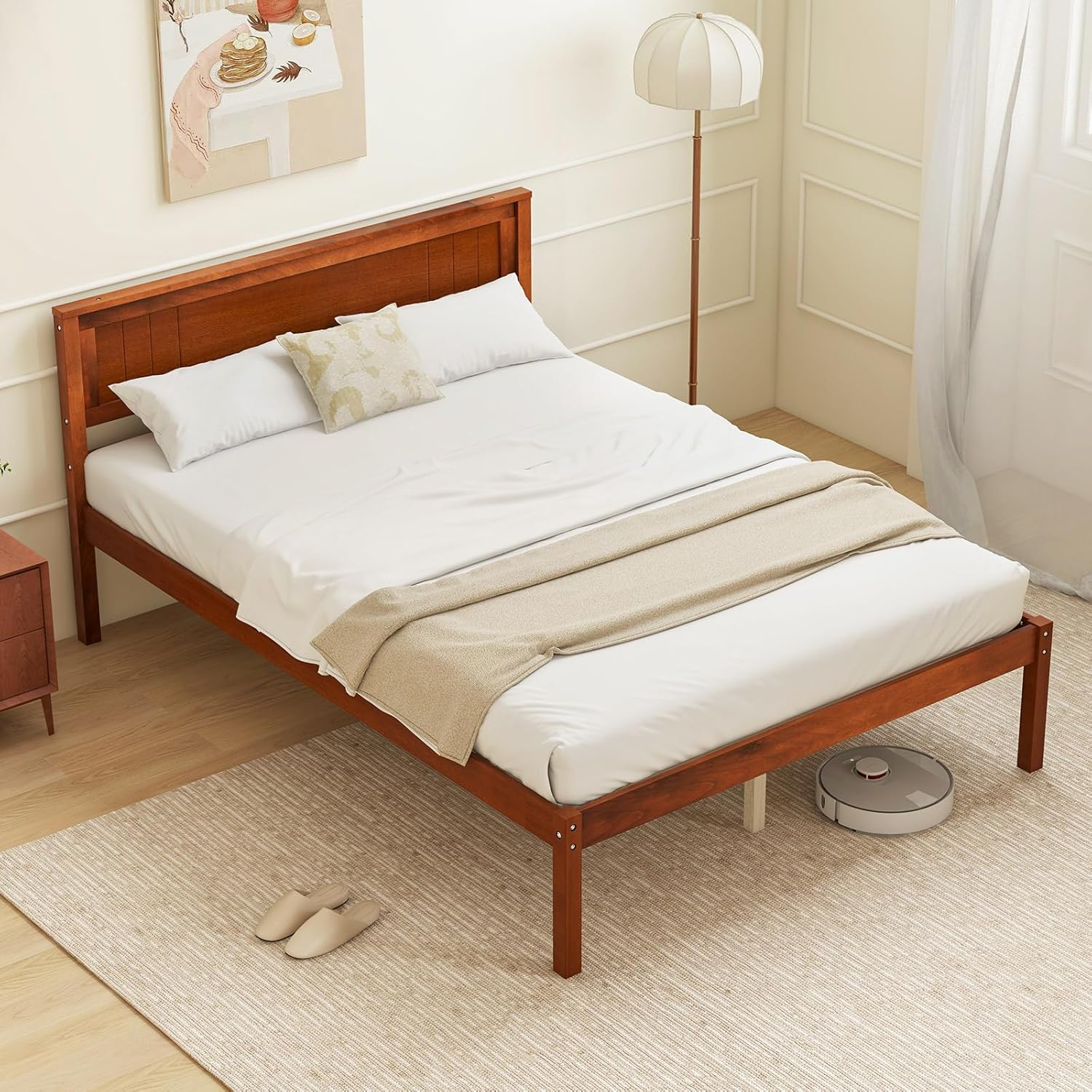 Giantex Full Size Wood Platform Bed with Headboard, Mid Century Solid Wood Full Bed with Slat Support, Double Bed Frame with 16' Under Bed Storage, No Box Spring Needed, Easy Assembly, Walnut