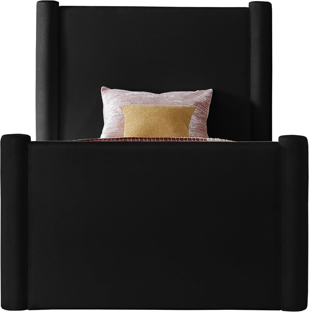 Meridian Furniture B1298Black-T Elias Collection Modern | Contemporary Twin Bed with Soft Black Velvet, Solid Wood Inner Frame, 52' W x 83.5' D x 52' H, Black, Twin