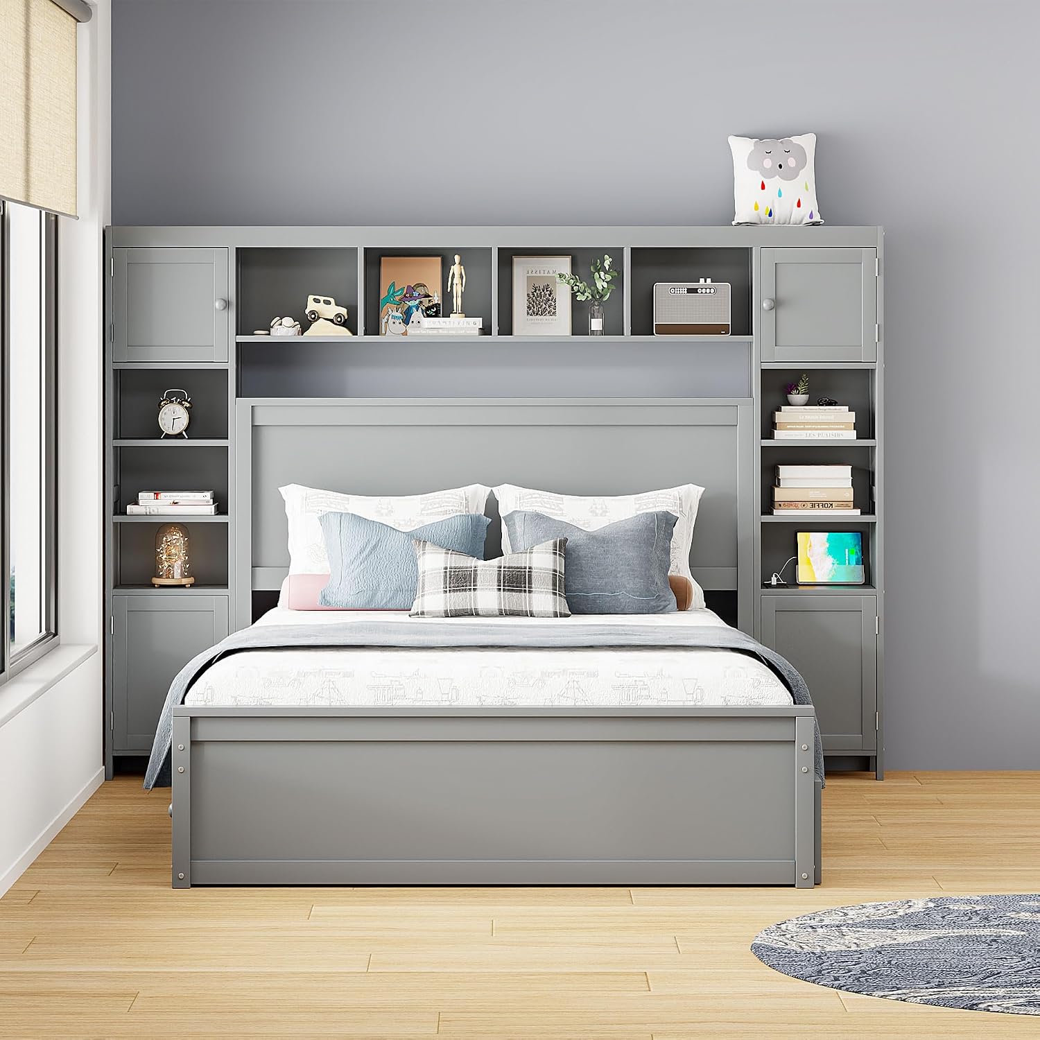 Merax Queen Size Wooden Bed with All-in-One Cabinet and Shelf, Gray Platform Bed Frame with 2 Drawers, Trundle and Sockets
