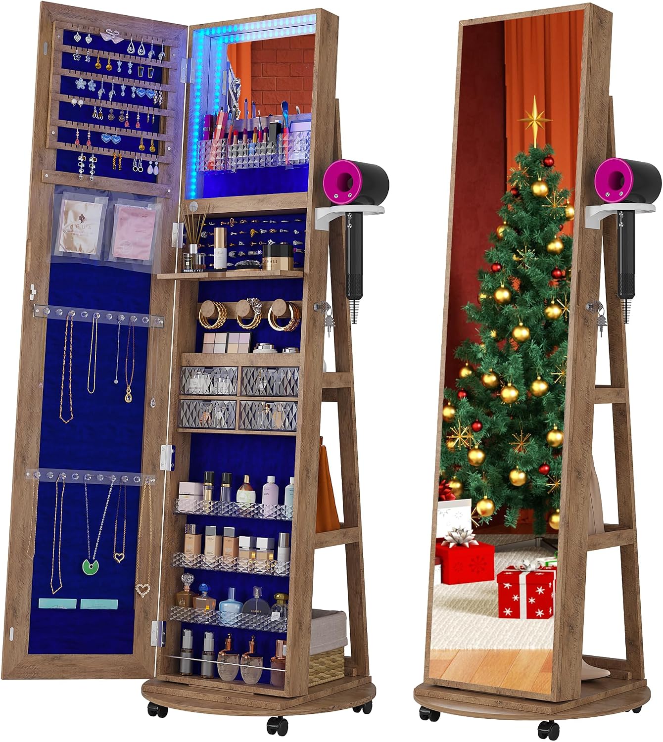 HNEBC 360° Swivel Jewelry Armoire with Mirror, LED Mirror Jewelry Cabinet Standing, Full Length Mirror with Jewelry Storage, Standing Jewelry Organizer/Lockable Wheels/Foldable Makeup Shelf (Wood)