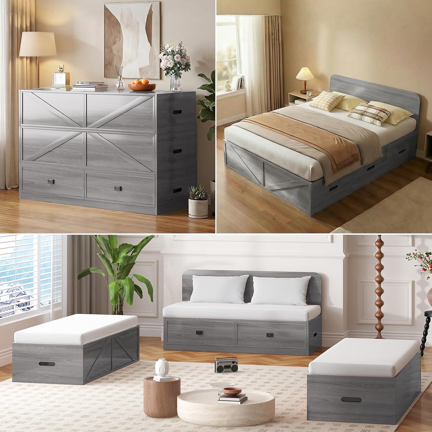 Mjkone Murphy Bed, Cabinet Beds Full Size with Mattress Included, 3-in-1 Convertible Sofa Furniture Sets, Hidden Chest Bed with Storage Drawers, Guest Sleeper Beds for Small Room, Apartment - Grey