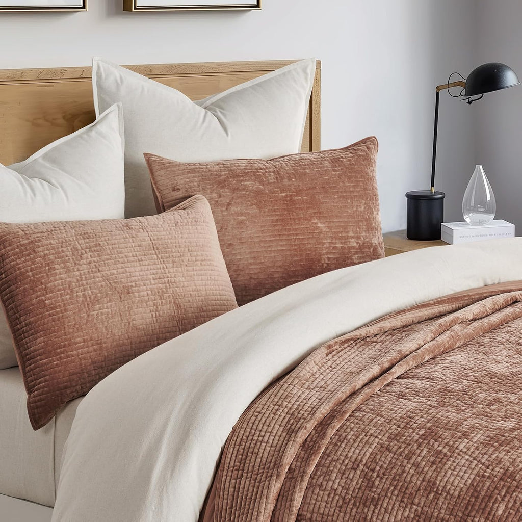 EverGrace Velvet Quilt Set California King 118'' x 106'', Luxurious Soft Bedding Sets, Lightweight Velvet Comforter for All Season, Striped Oversized Bedspread Coverlet w/ 2 Shams, Terracotta Clay