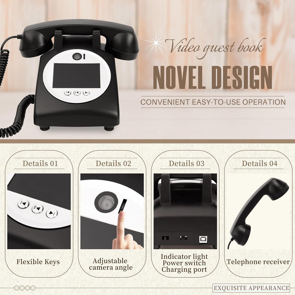 Video Audio Guest Book Wedding Phone,1080P HD Video Phone Guestbook, Preserve Your Special Occasions, Ideal for Wedding Bridal Shower, Birthday, Graduations, Baby Shower(Black)