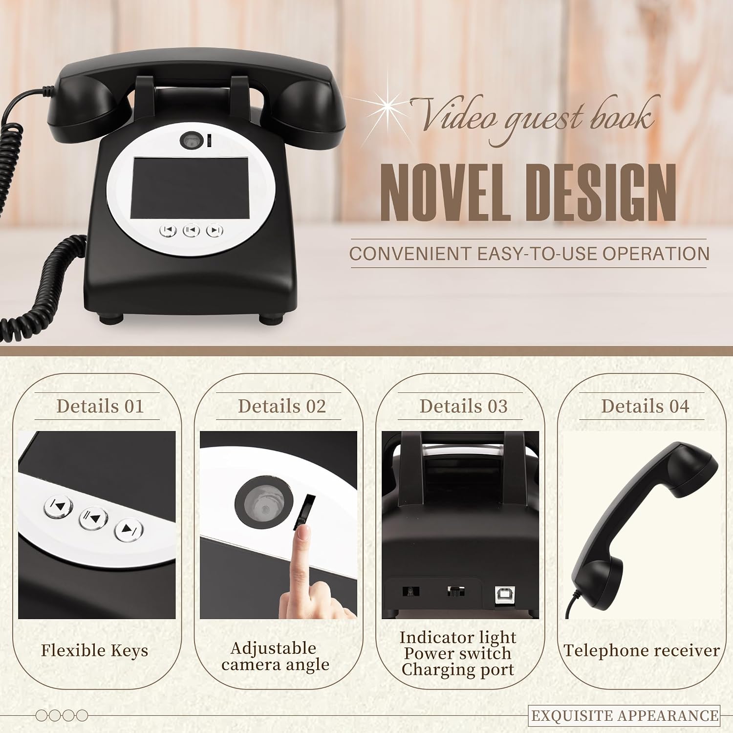 Video Audio Guest Book Wedding Phone,1080P HD Video Phone Guestbook, Preserve Your Special Occasions, Ideal for Wedding Bridal Shower, Birthday, Graduations, Baby Shower(Black)