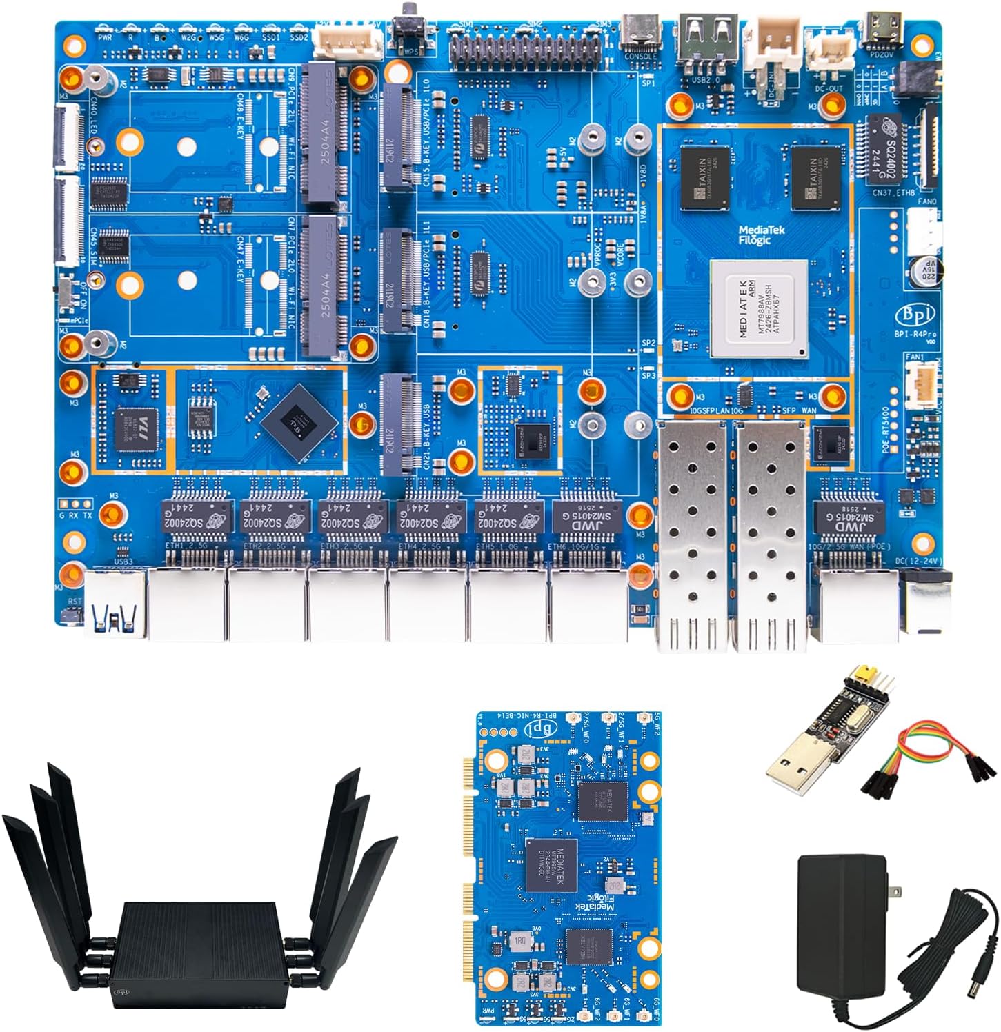 youyeetoo BPI-R4 Pro 8X/4E WiFi 7 Router Board, 8GB DDR4 MT7988A Cortex-A73 1.8GHz, 2x10G SFP+ 4x2.5GbE Ports, Support OpenWrt for Advanced Networking/NAS (Case & WiFi 7 kit,R4 Pro 8X)