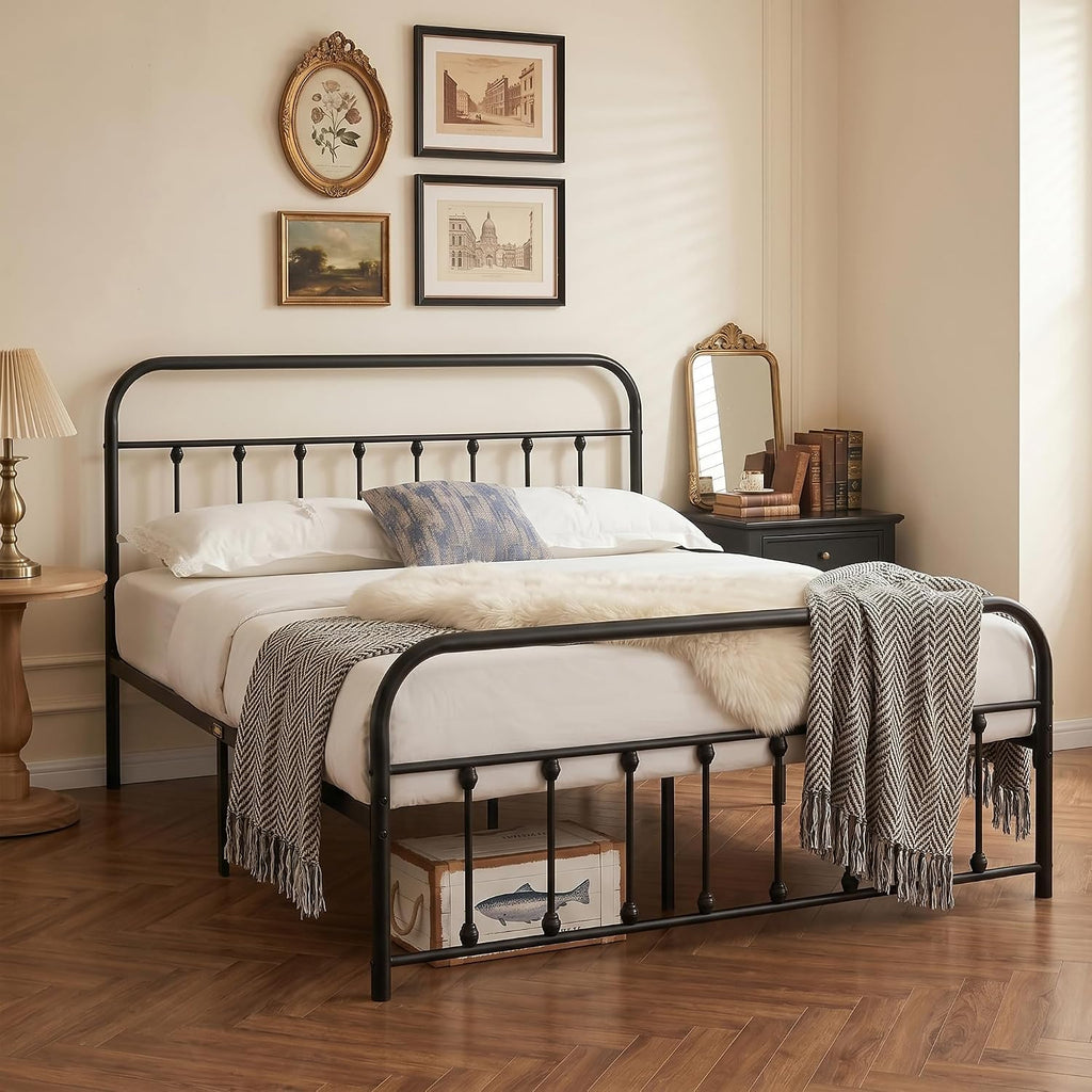 VECELO Queen Size Victorian Style Metal Bed Frame with Headboard Classic Metal Platform Bed Frame Mattress Foundation with Footboard/Under Bed Storage/No Box Spring Black