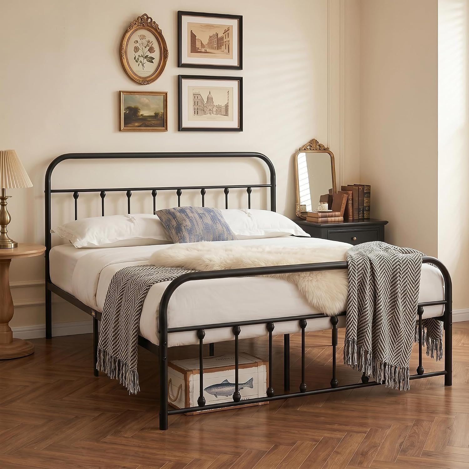 VECELO Queen Size Victorian Style Metal Bed Frame with Headboard Classic Metal Platform Bed Frame Mattress Foundation with Footboard/Under Bed Storage/No Box Spring Black