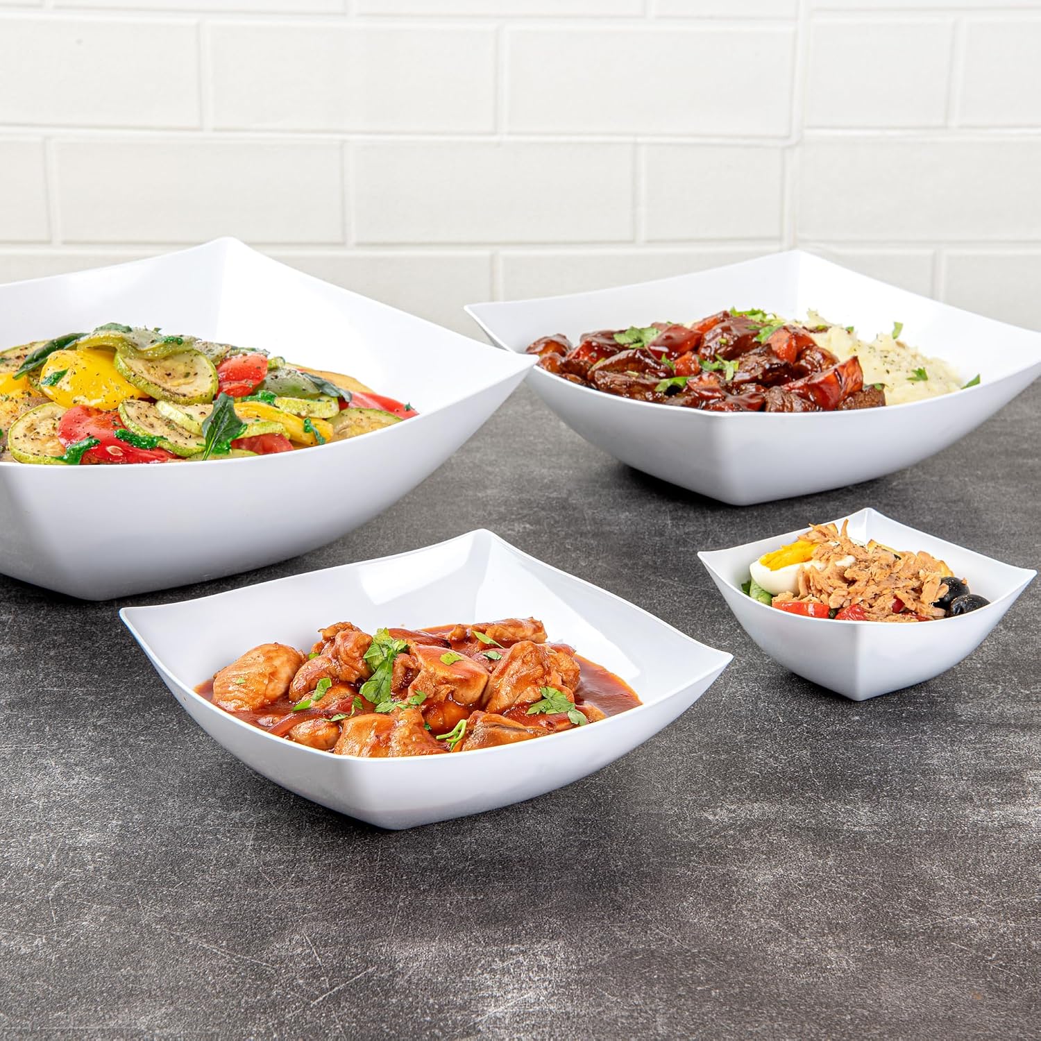 Restaurantware Moderna 32 Ounce Fancy Plastic Bowls 100 Square Disposable Salad Bowls - Durable Heavy-duty White Plastic Bowls For Warm And Cold Foods