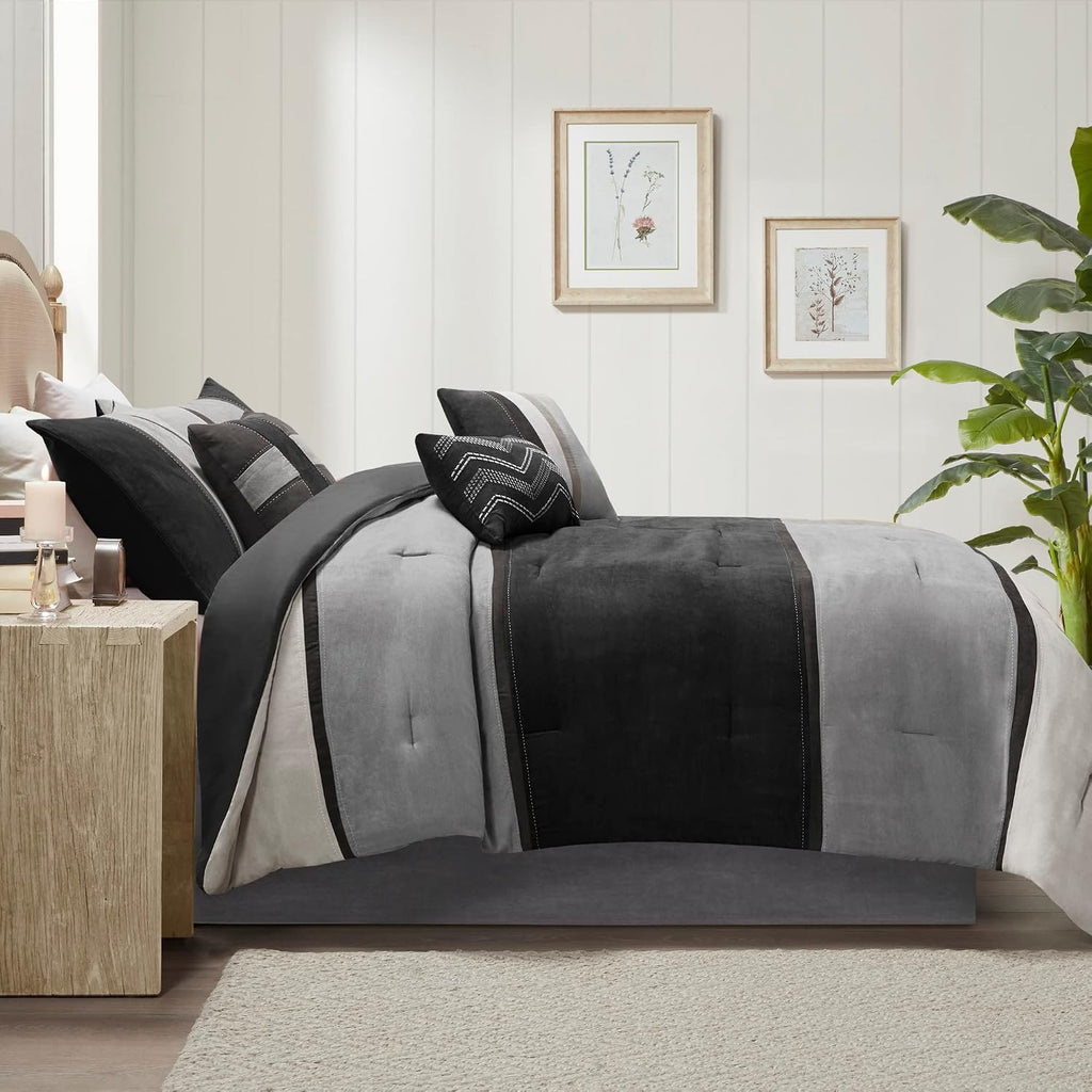 Madison Park Palisades Comforter Set Modern Faux Suede Pieced Stripe Design, All Season Down Alternative Cozy Bedding with Matching Shams, Decorative Pillows, Queen(90'x90'), Black 7 Piece