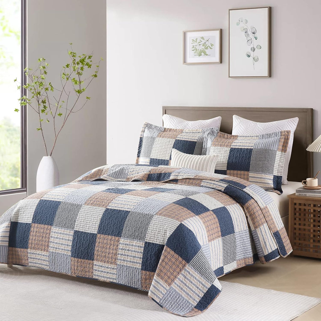 Finlonte Quilt King Size - 100% Cotton King Size Comforter Set Navy Brown White Plaid Farmhouse Quilt Bedding Set, Reversible Lightweight Soft Bedspread, Quilted Coverlet All-Season, 3-Piece