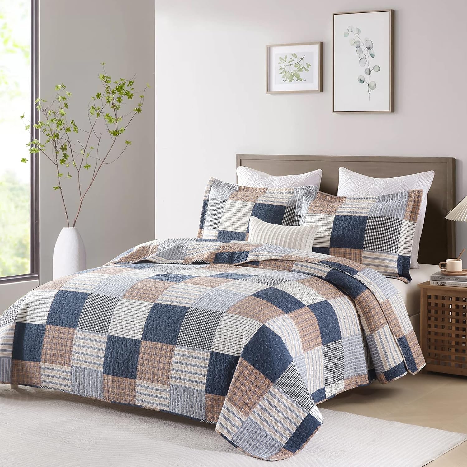 Finlonte Quilt King Size - 100% Cotton King Size Comforter Set Navy Brown White Plaid Farmhouse Quilt Bedding Set, Reversible Lightweight Soft Bedspread, Quilted Coverlet All-Season, 3-Piece