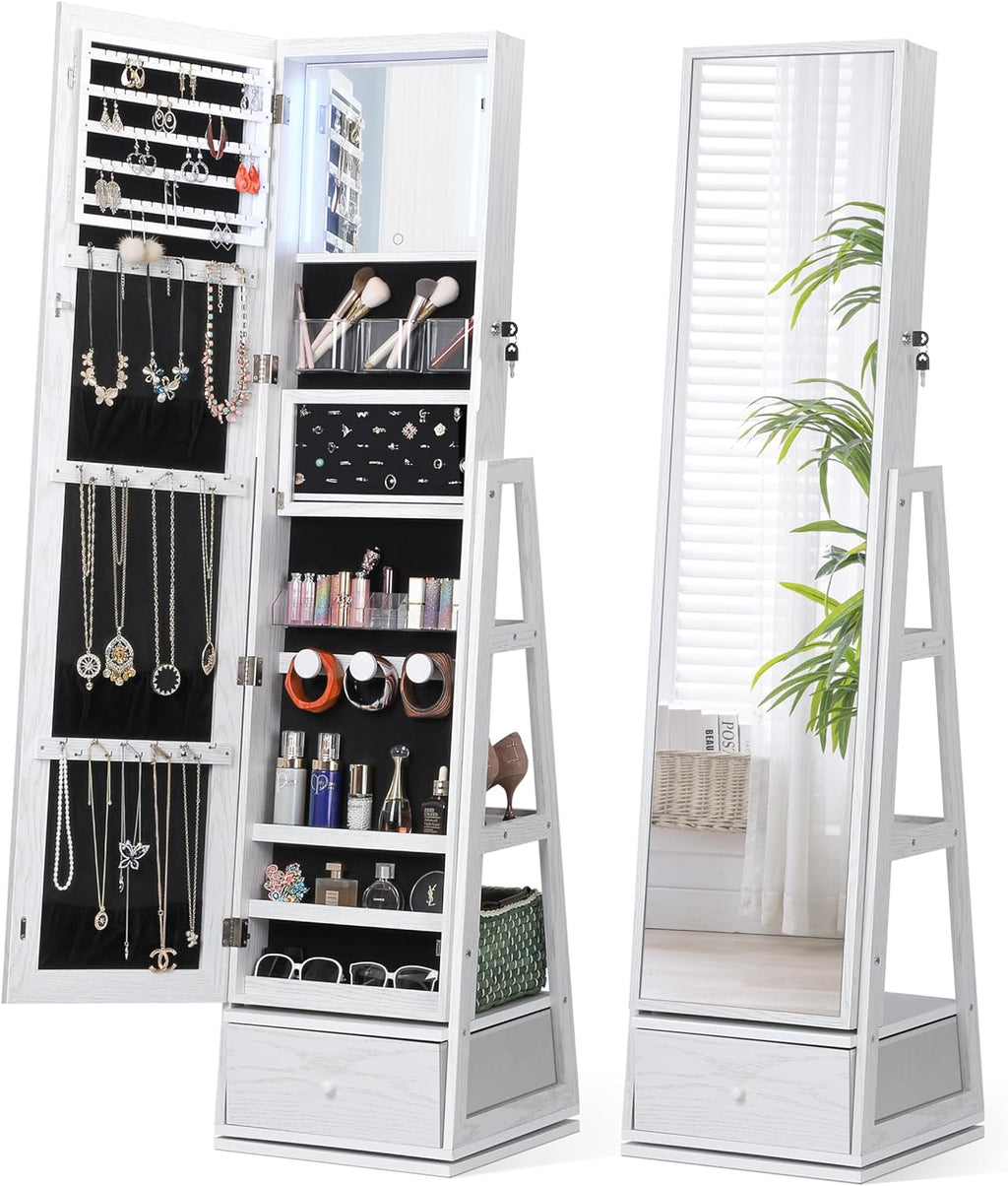 Nicetree 360° Swivel Jewelry Cabinet with Lights, Touch Screen Vanity Mirror, Rotatable Full Length Mirror with Jewelry Storage, Standing Jewelry Armoire Organizer, Foldable Makeup Shelf, Pure White