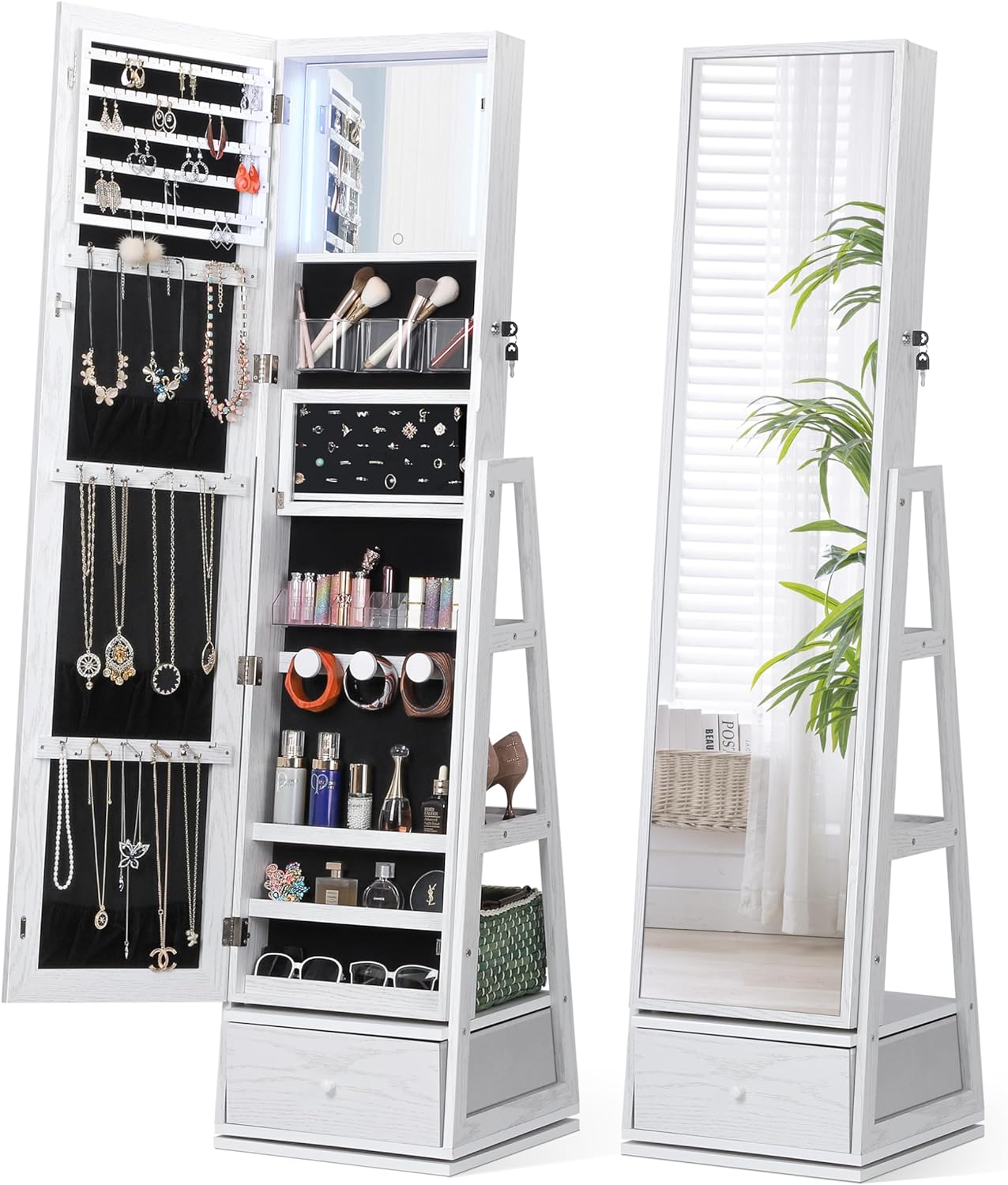 Nicetree 360° Swivel Jewelry Cabinet with Lights, Touch Screen Vanity Mirror, Rotatable Full Length Mirror with Jewelry Storage, Standing Jewelry Armoire Organizer, Foldable Makeup Shelf, Pure White