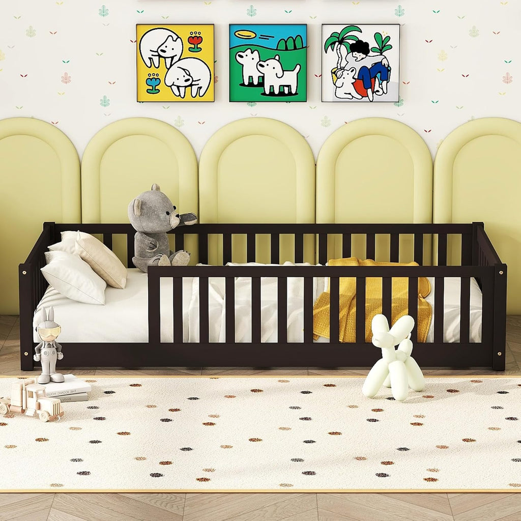 Twin Size Kids Montessori Floor Bed,Twin Floor Bed Frame with Slats,Solid Wood Twin Bed Frame for Girls Boys,White