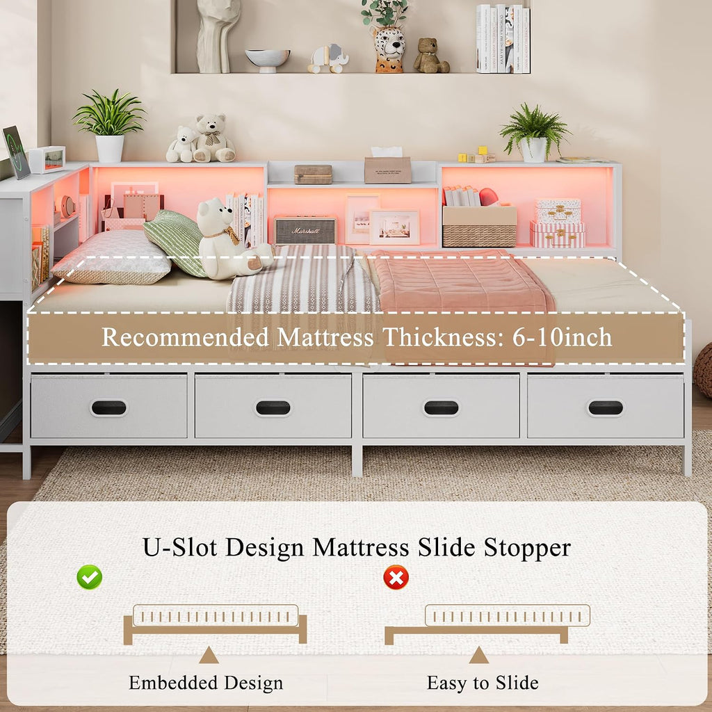 Twin Size Corner Bed Frame with 8 Bookcase Headboard & 4 Storage Drawers, Twin Metal Platform Bed with LED Light Strip & Charging Station, Twin Daybed for Kids Teens Guests,White