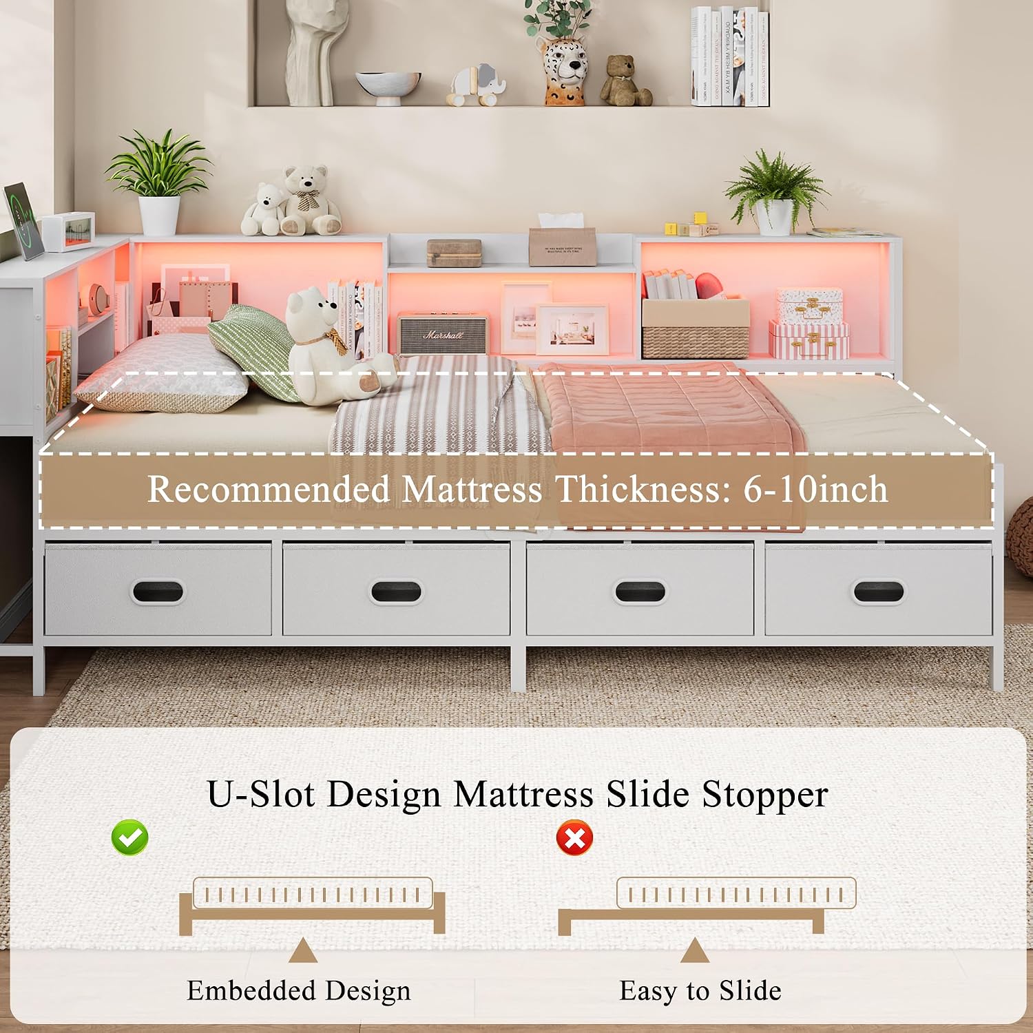 Twin Size Corner Bed Frame with 8 Bookcase Headboard & 4 Storage Drawers, Twin Metal Platform Bed with LED Light Strip & Charging Station, Twin Daybed for Kids Teens Guests,White