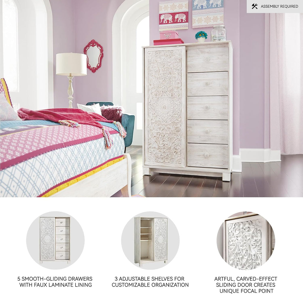 Signature Design by Ashley Paxberry Boho 5 Drawer Dressing Chest with Slider Door & 3 Adjustable Shelves, Whitewash