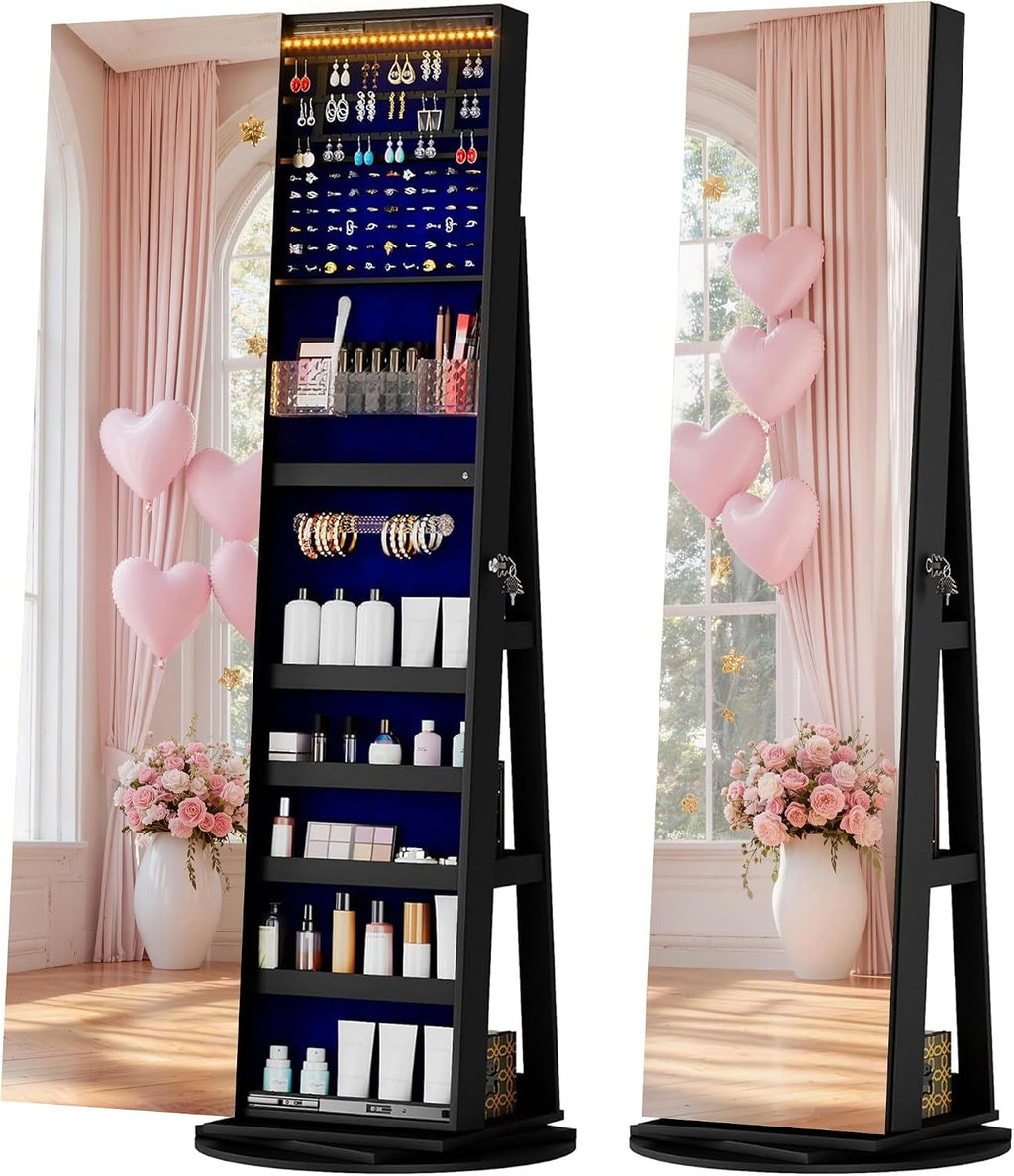 LVSOMT 360° Rotating Full Length Mirror Jewelry Cabinet with Sliding Door, LED Lighted Lockable Jewelry Armoire Organizer, Standing Up Mirror with Storage for Bedroom Dressing Room, Black