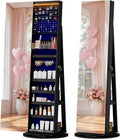 LVSOMT 360° Rotating Full Length Mirror Jewelry Cabinet with Sliding Door, LED Lighted Lockable Jewelry Armoire Organizer, Standing Up Mirror with Storage for Bedroom Dressing Room, Black