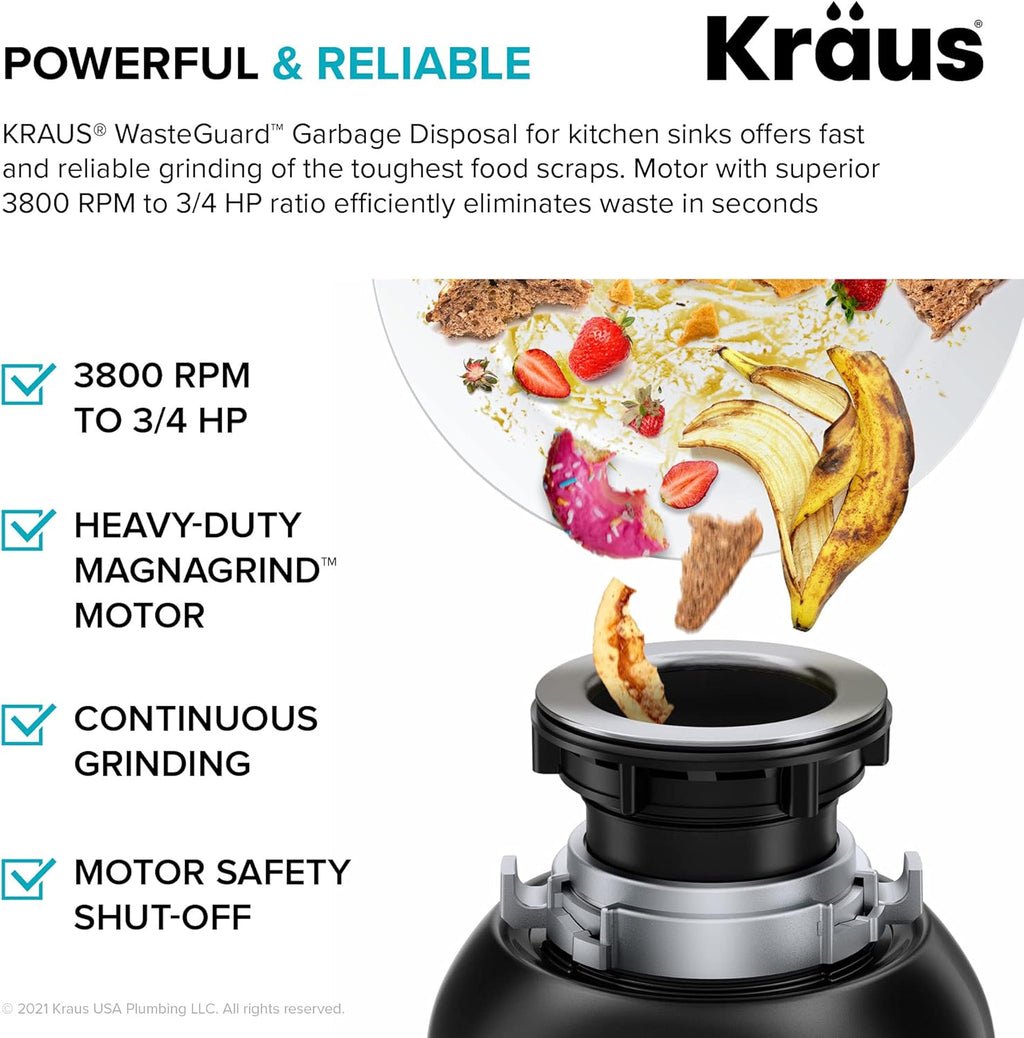 KRAUS 31 Inch Undermount Single Bowl Black Onyx Granite Kitchen Sink with WasteGuard™ Continuous Feed Garbage Disposal, KGU-413B-100-75MB