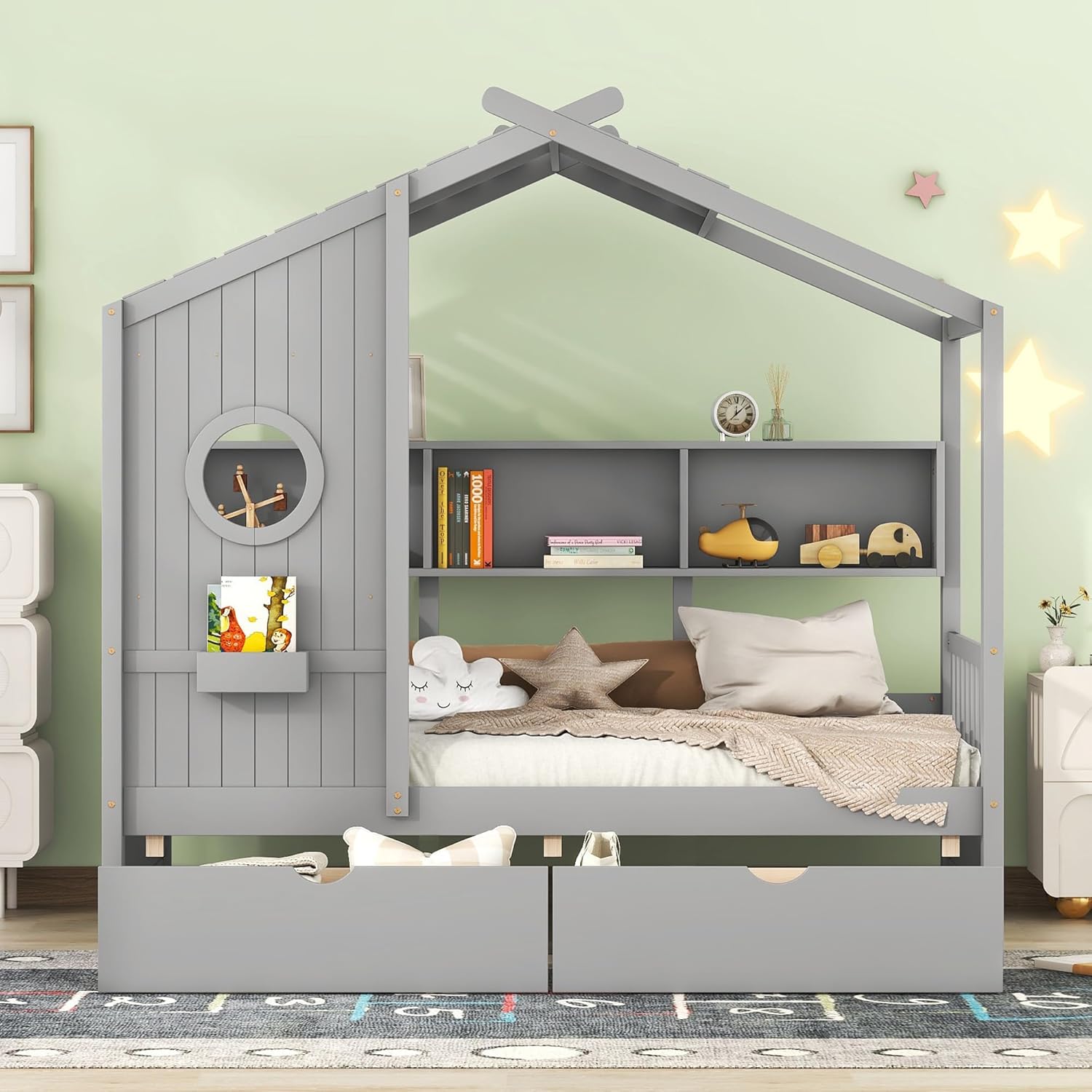 Merax Wood Twin House Daybed with Drawers & Book Shelf, Low Sofa Day Bed for Boys Girls No Box Spring Needed Gray